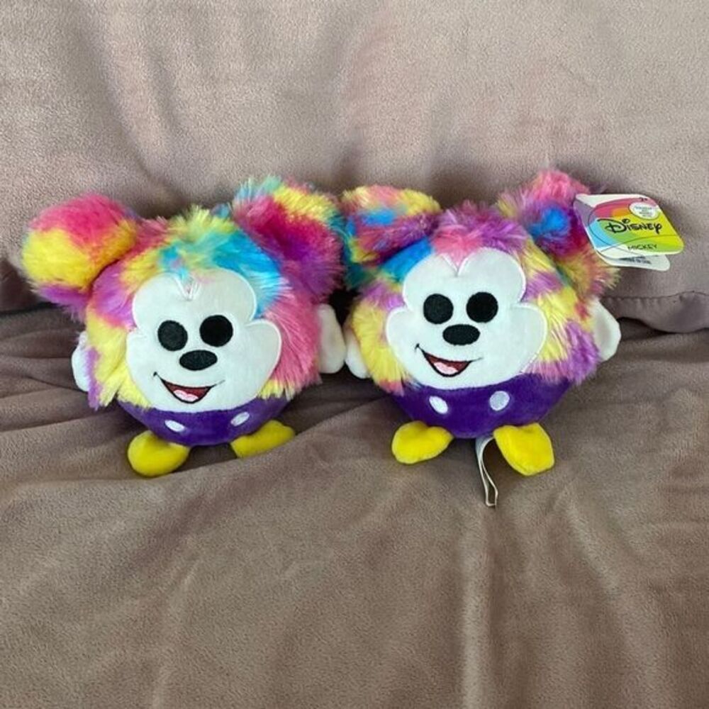 Disney Mickey Rainbow Fur‎ Squeeze Toy Plush Just Play Round Tie Dye 5”